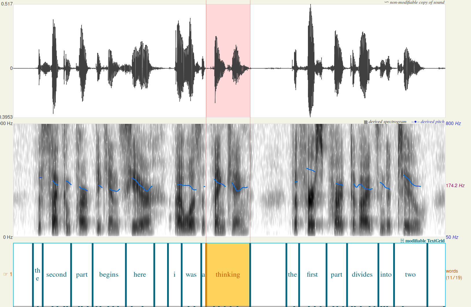 Praat screenshot showing alignment between transcript and its audio